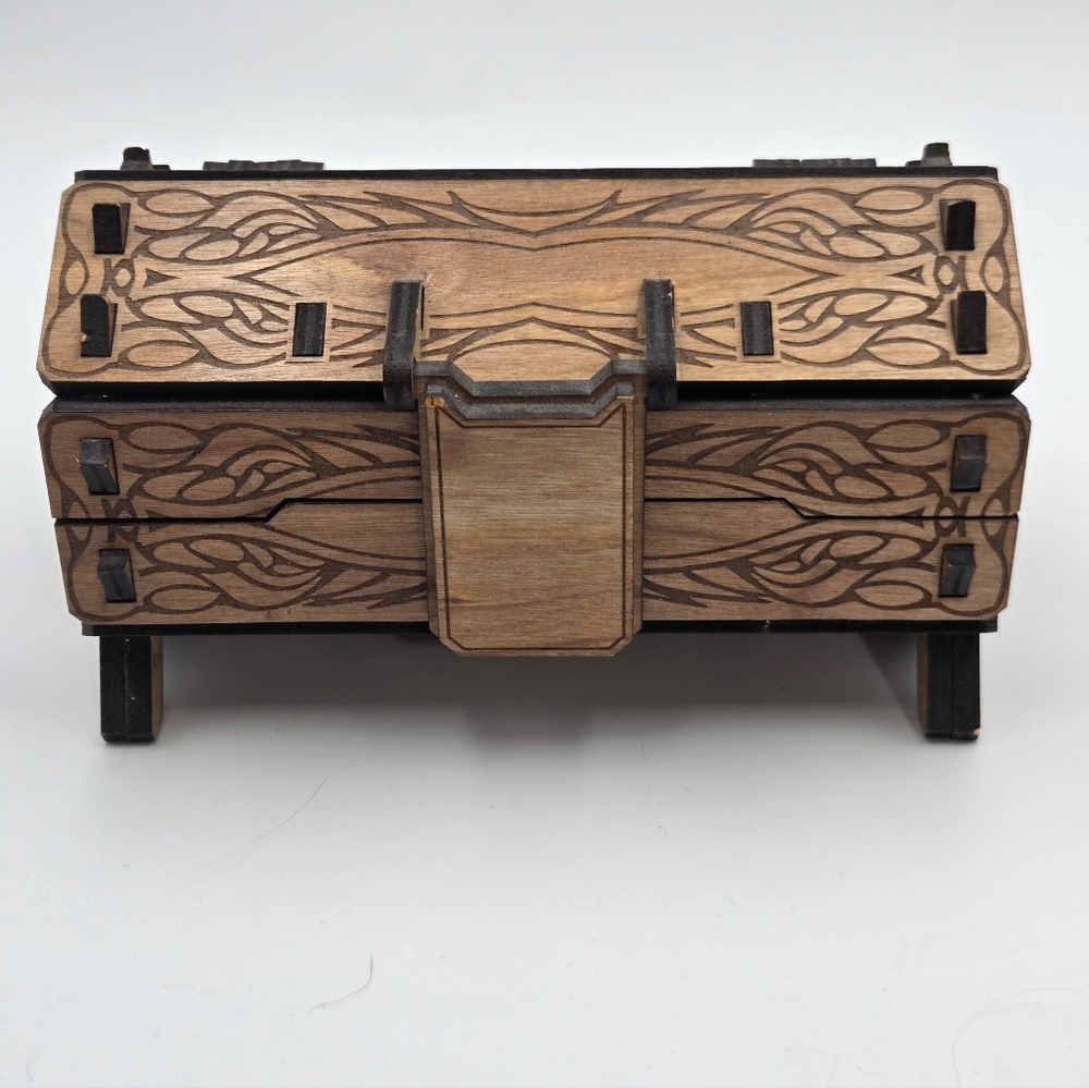 Gothic Laser Cut Wooden Box for Dice and Keepsakes Handcrafted Light Brown Black
